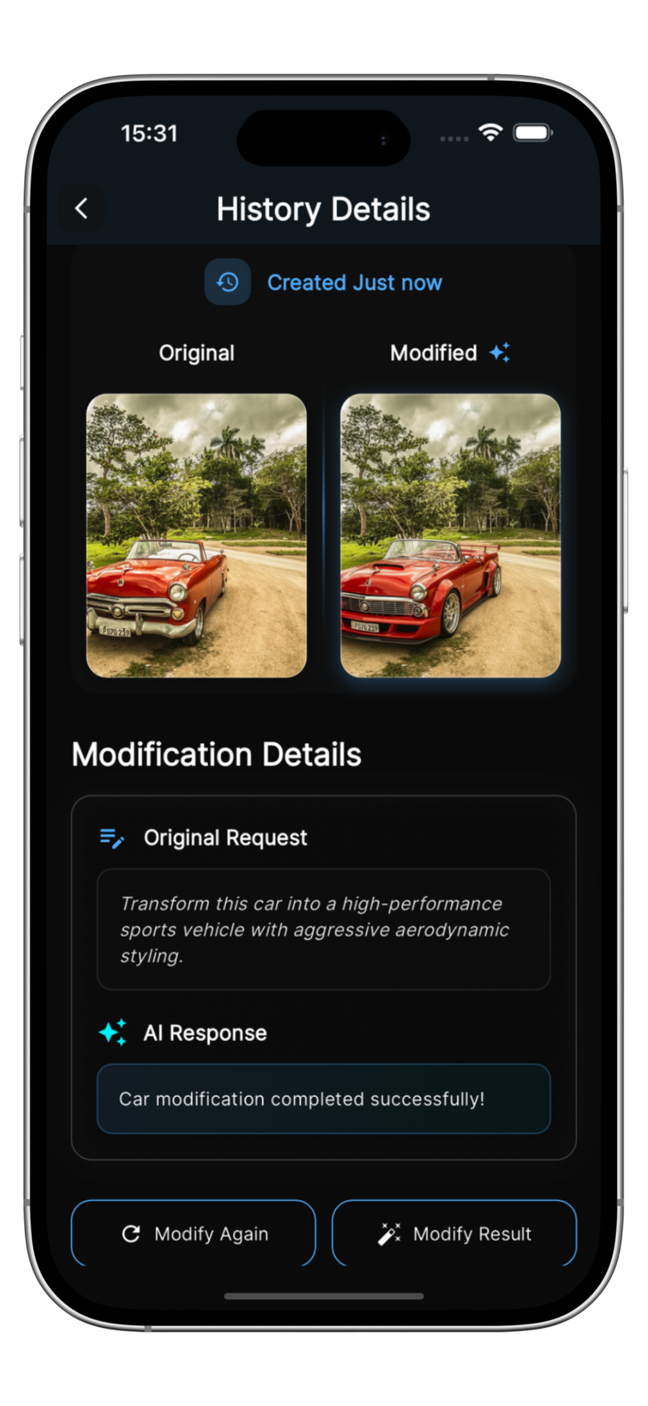 ModifAI app interface showing car modifications